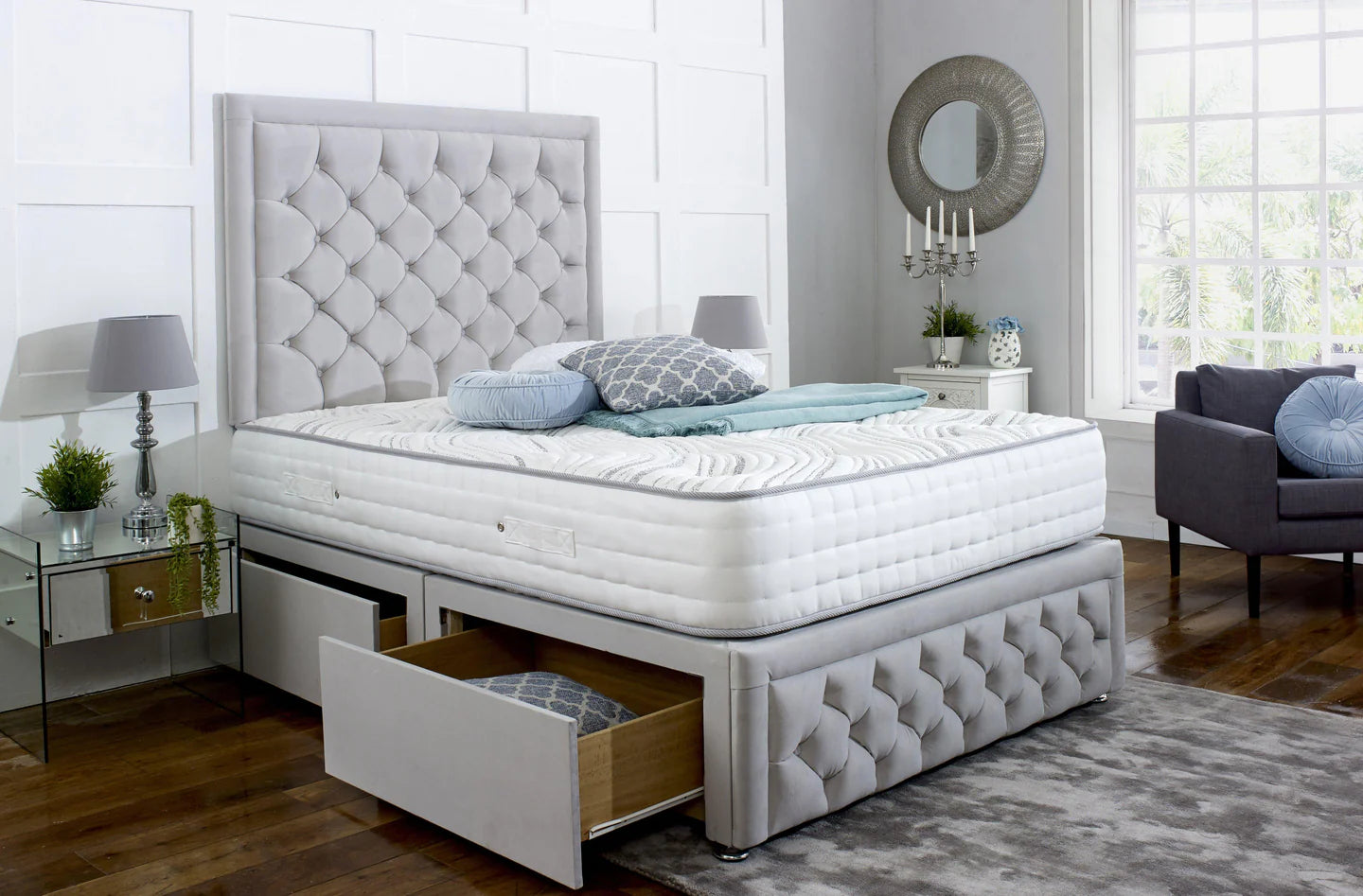 Andalusia Divan Bed Set with Tall Button Headboard and Footboard